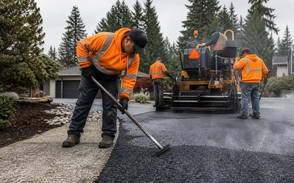 Fresh asphalt being placed behind a paving machine