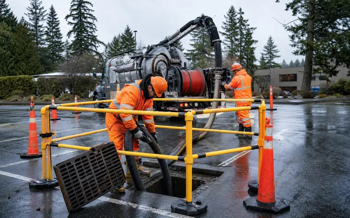 Vacuum truck hose cleaning a storm-drain catch basin