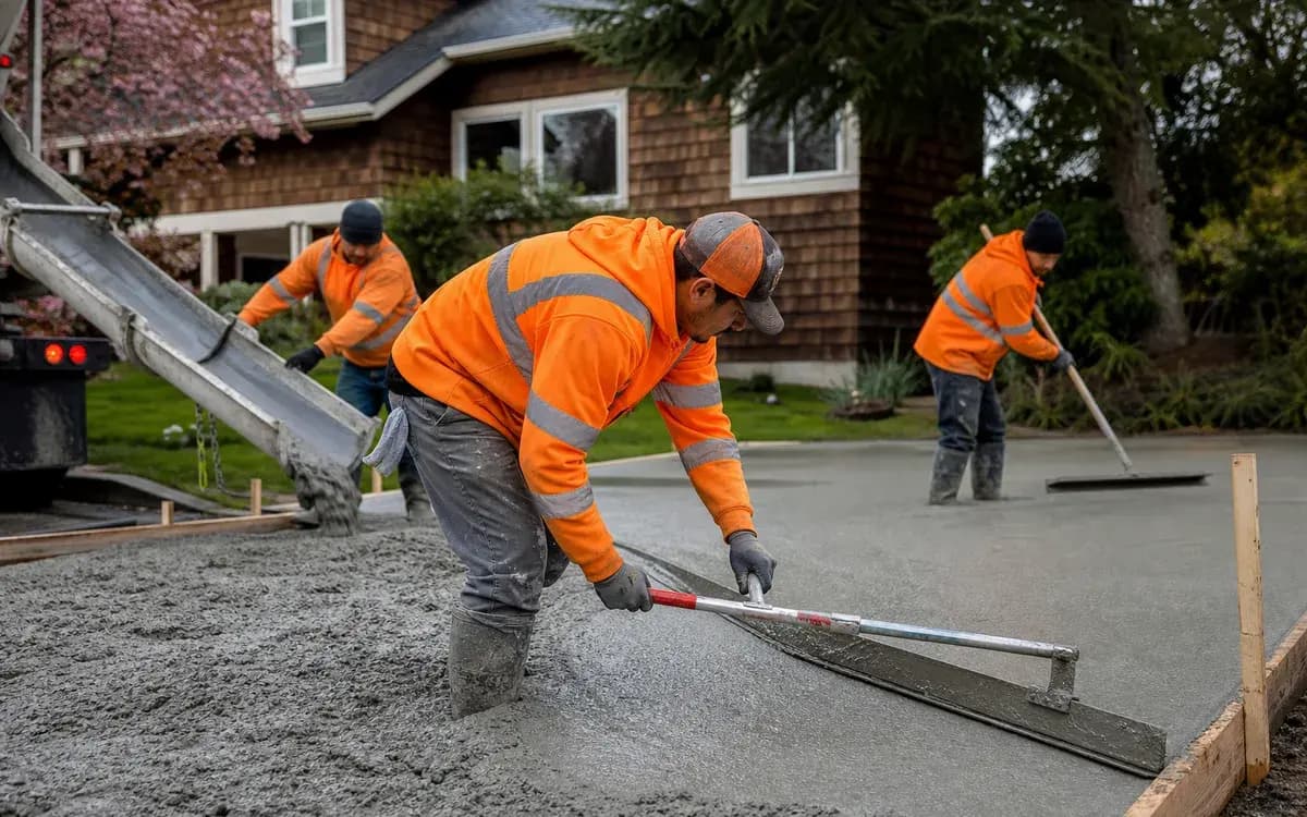 Construction crew screeding a freshly poured concrete slab