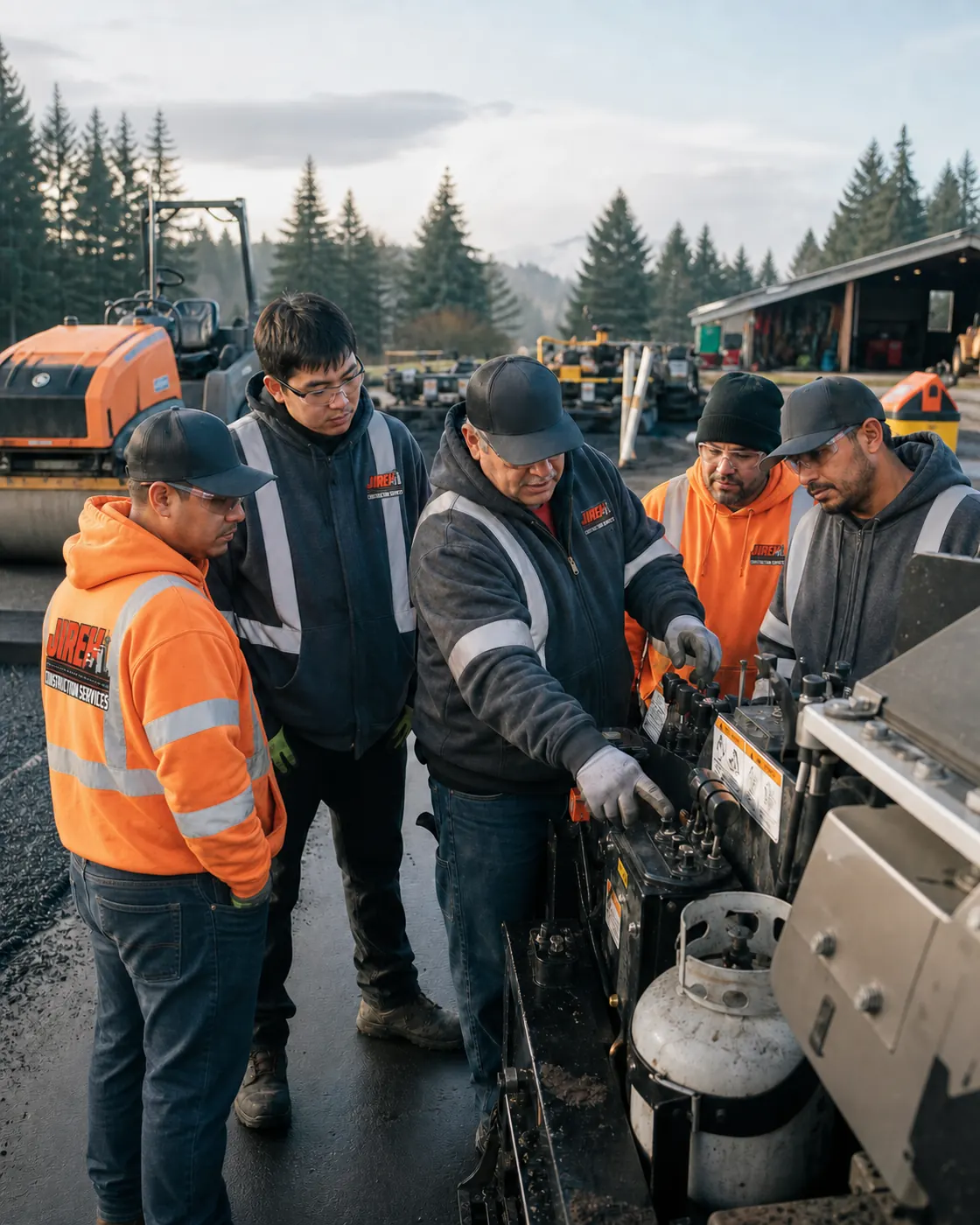 Illustrative worksite scene of a construction crew in branded safety workwear preparing for the day