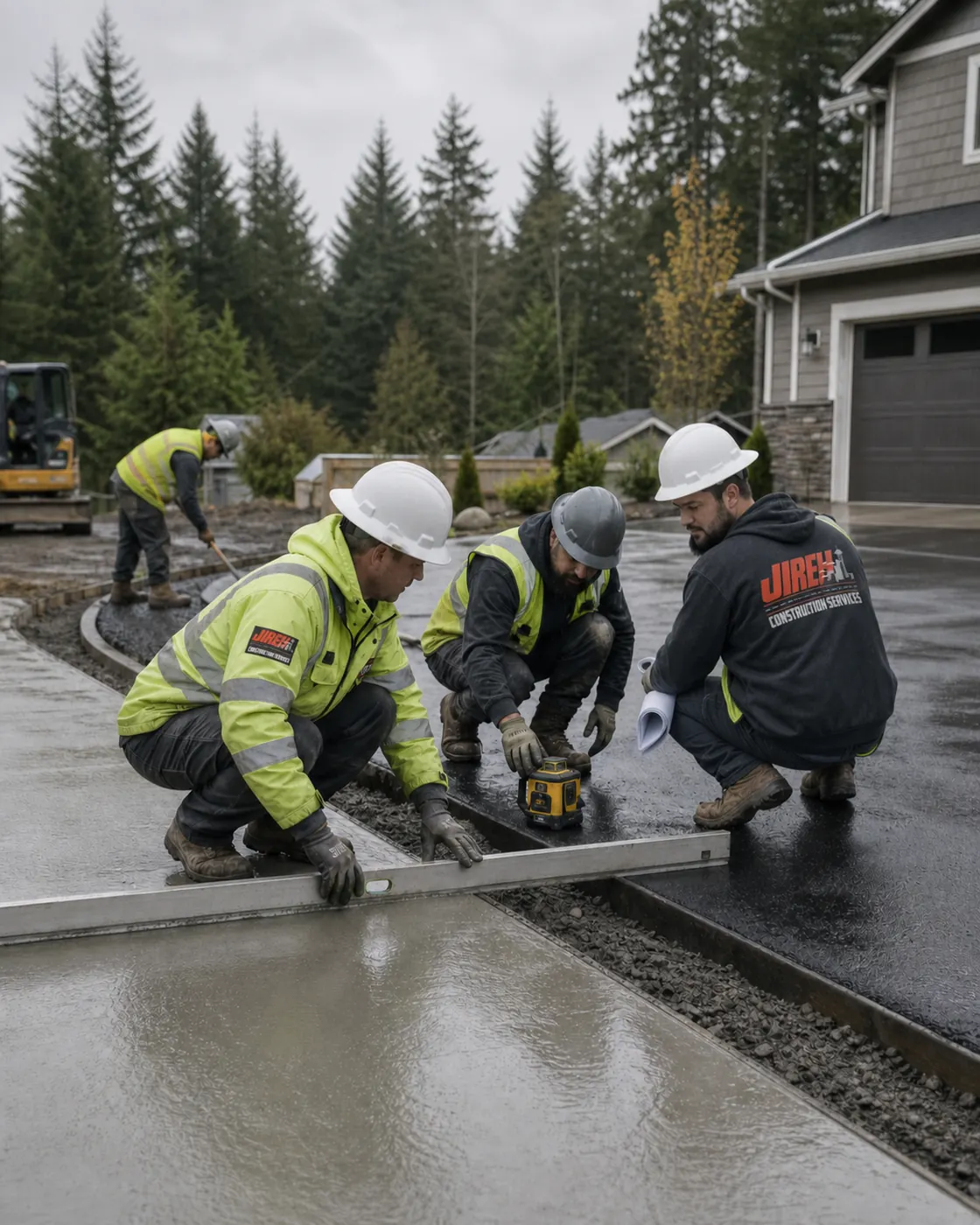 Illustrative worksite scene showing a construction crew reviewing surface work together