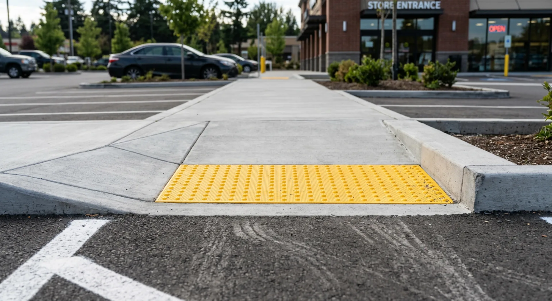 Concrete curb ramp with detectable warning surface truncated domes at a commercial property