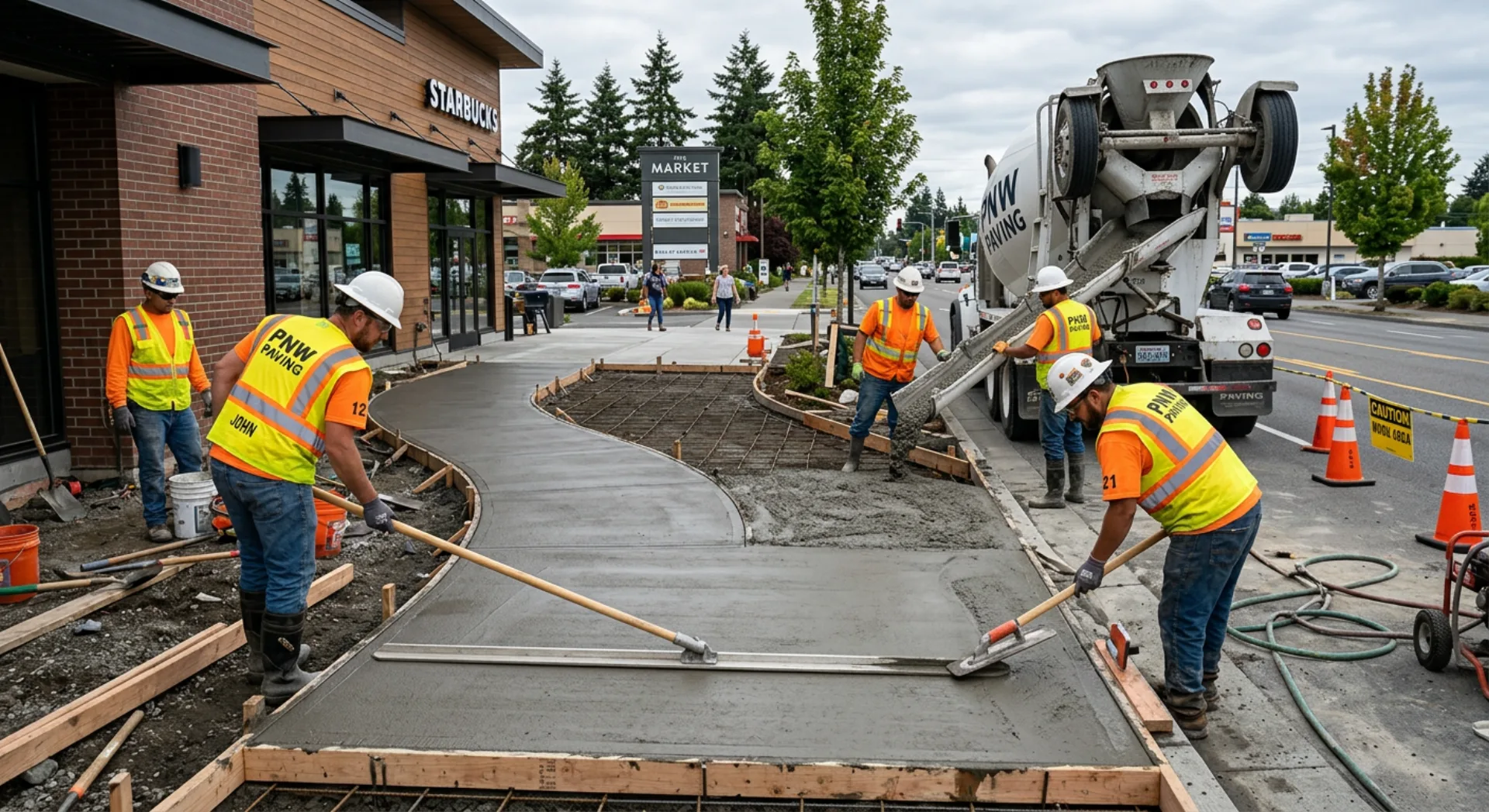 Professional crew installing ADA compliant concrete sidewalk with proper grading at a commercial property in Everett Washington