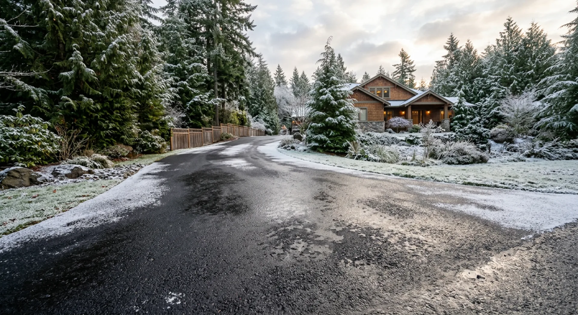 Asphalt driveway with frost melting