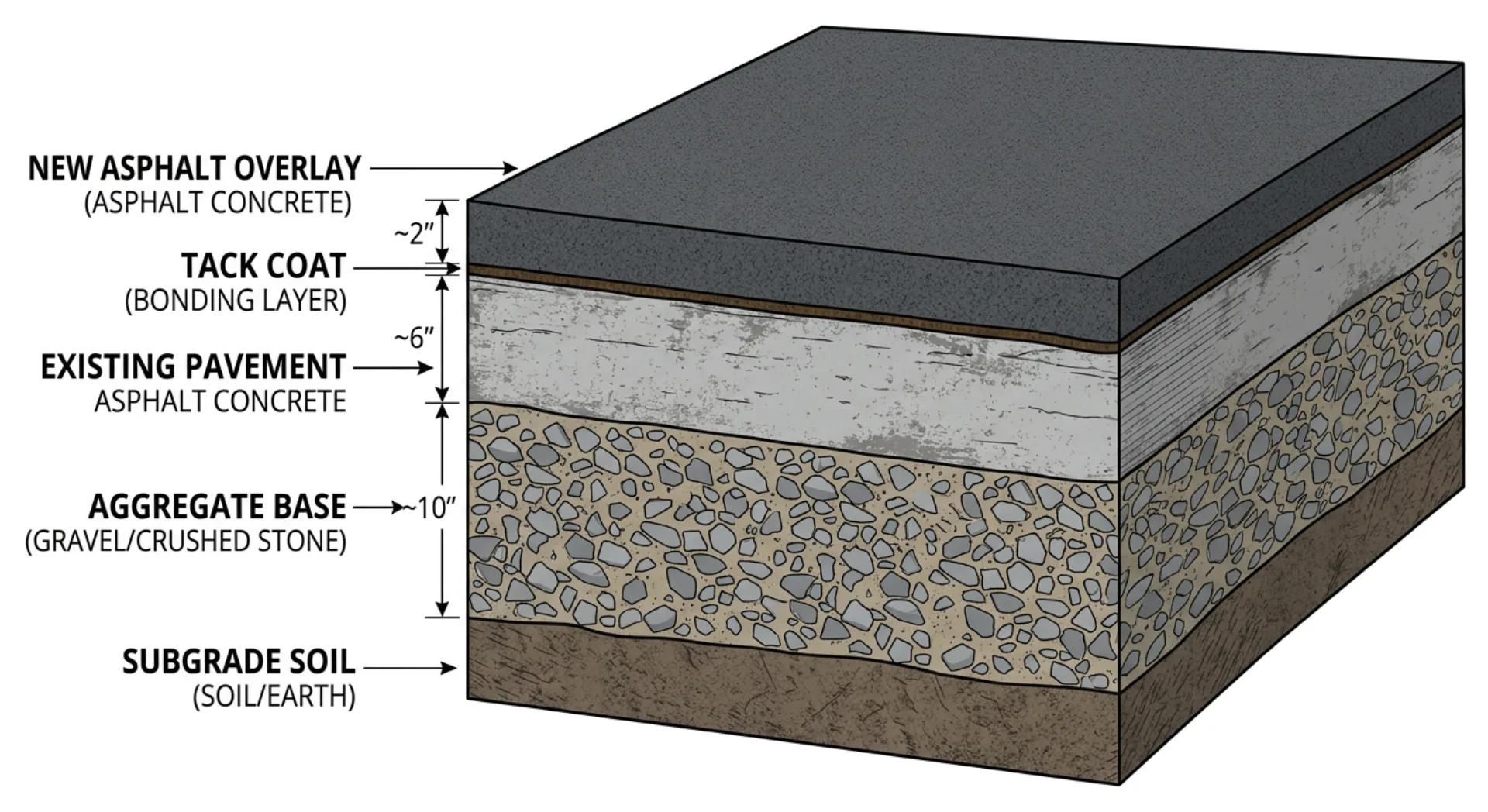 Cross-section showing asphalt overlay layers on existing pavement