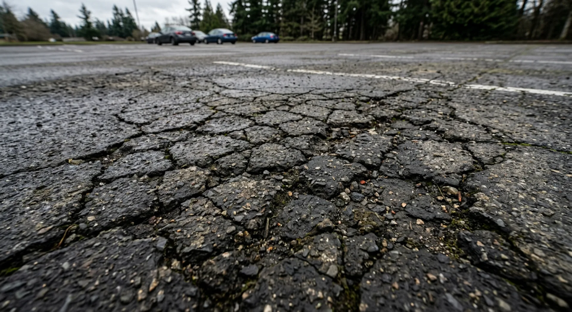 Damaged asphalt surface with cracking and wear