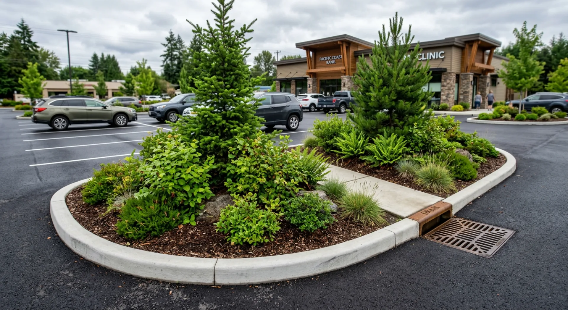 Landscaped parking lot island with native plants and drainage