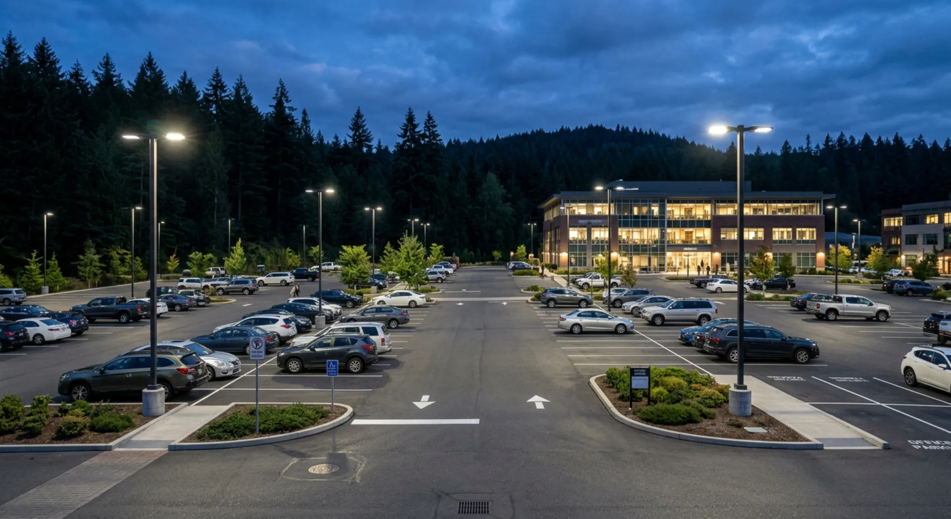 Well-lit commercial parking lot at dusk