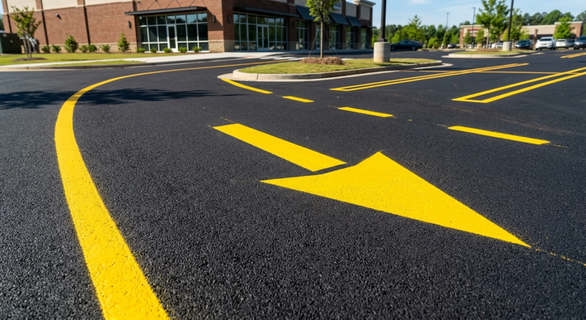 Traffic flow markings on a commercial parking lot