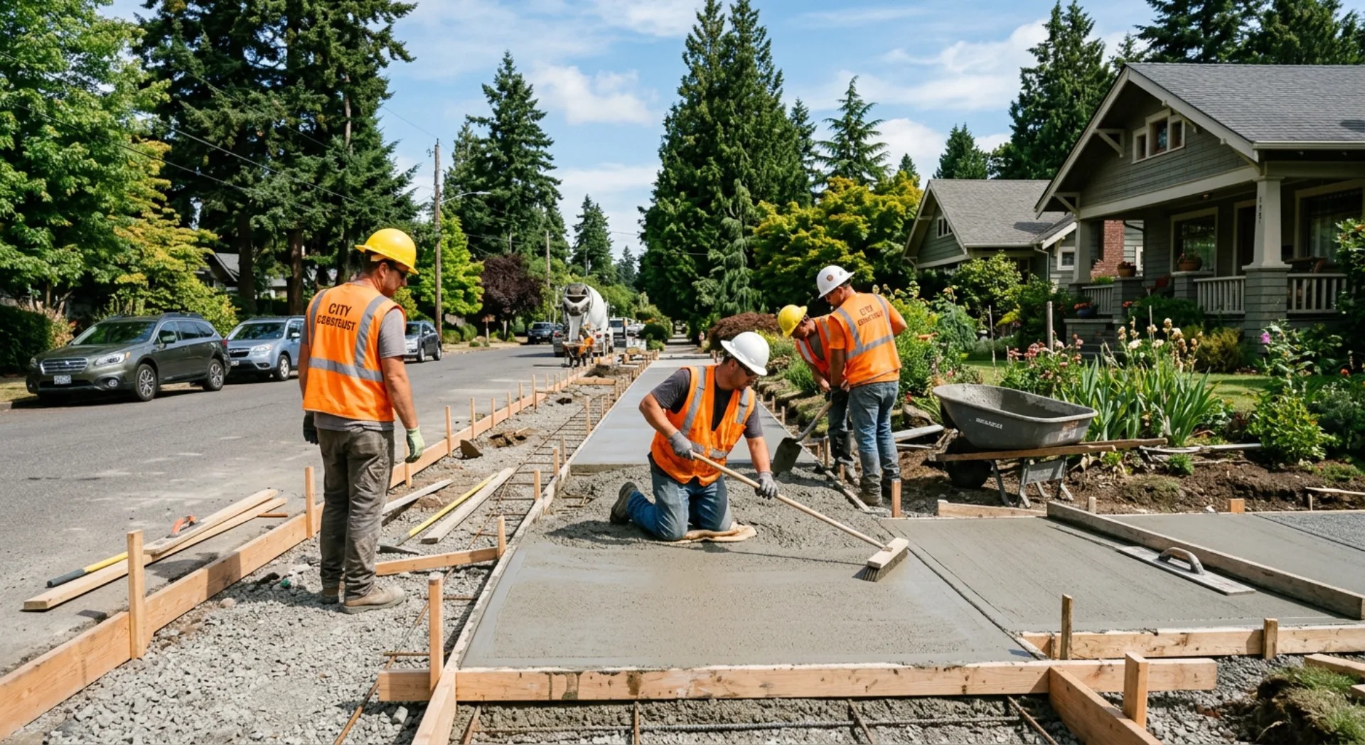 Workers applying a broom finish to a freshly poured residential concrete sidewalk