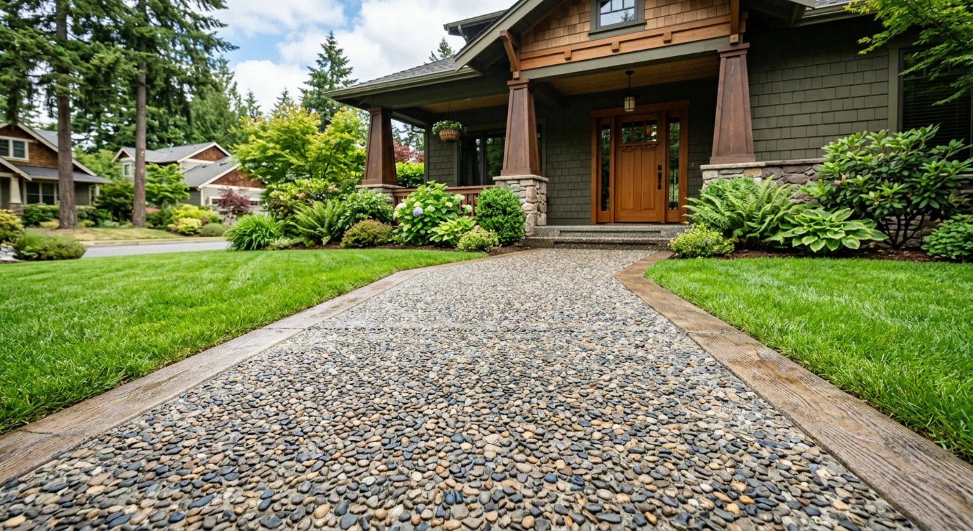 Exposed aggregate concrete walkway leading to a Pacific Northwest home entrance