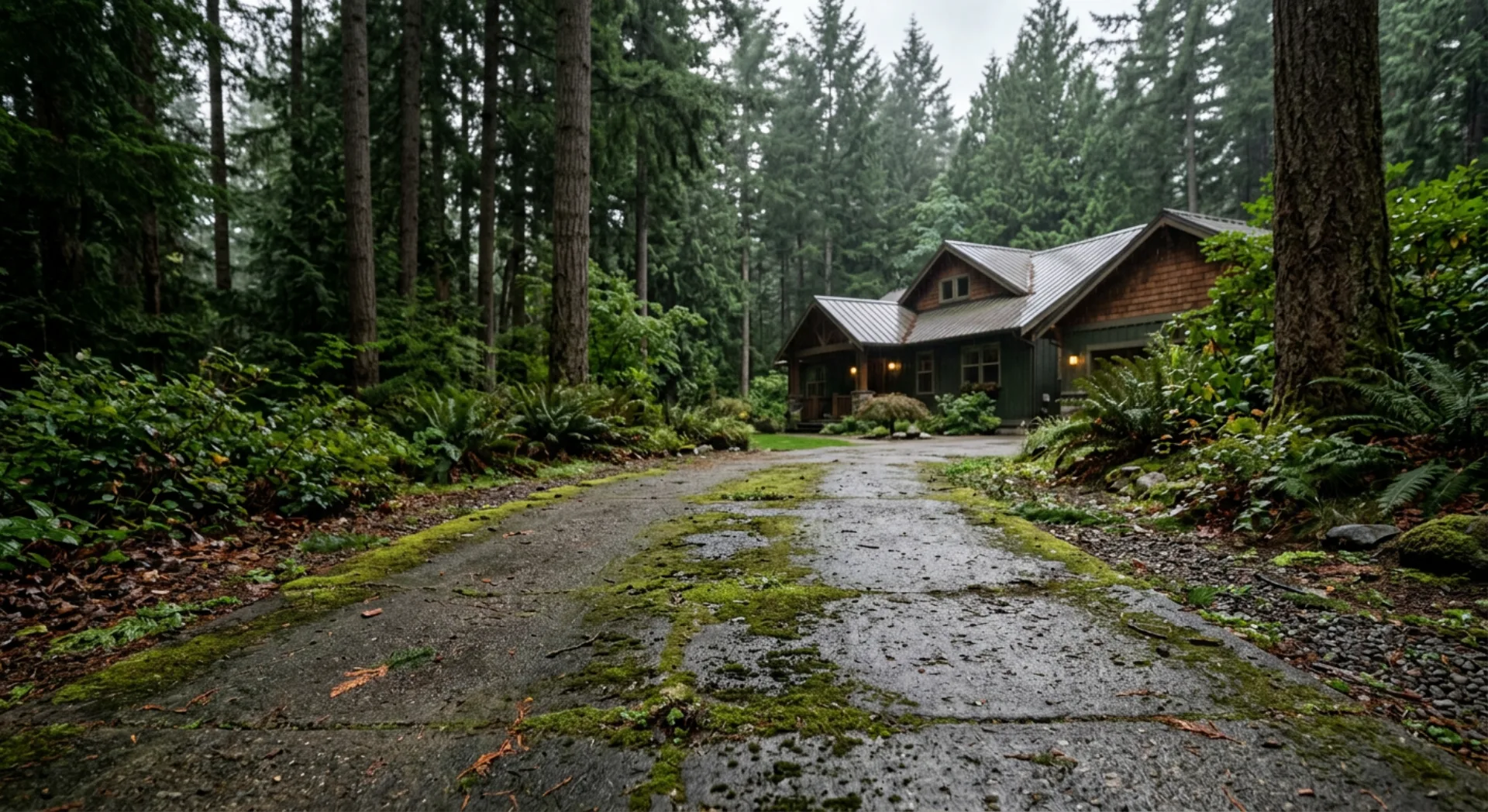 Concrete driveway with moss in Pacific Northwest