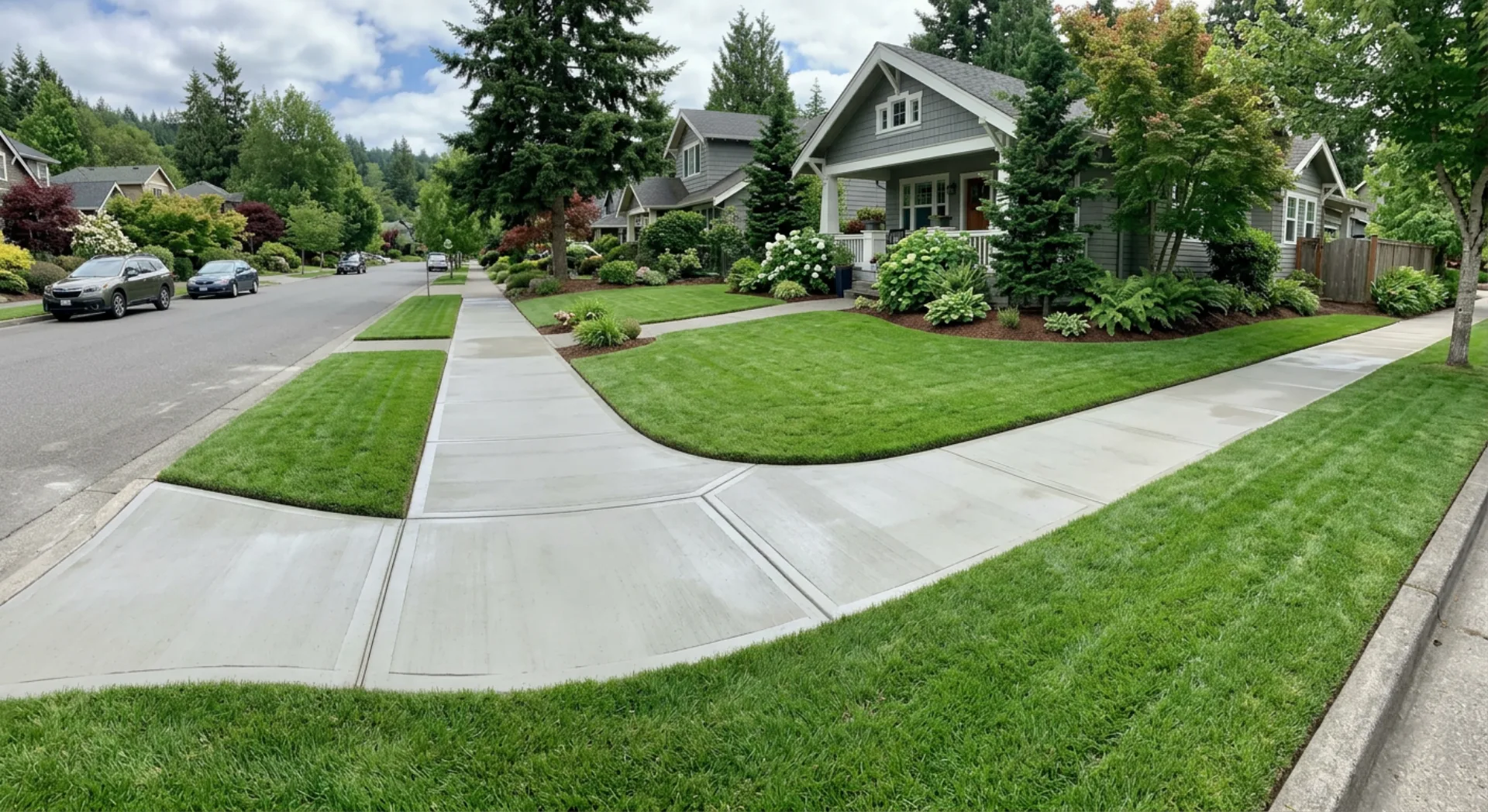 Freshly repaired concrete sidewalk with smooth patching and clean edges alongside a maintained lawn