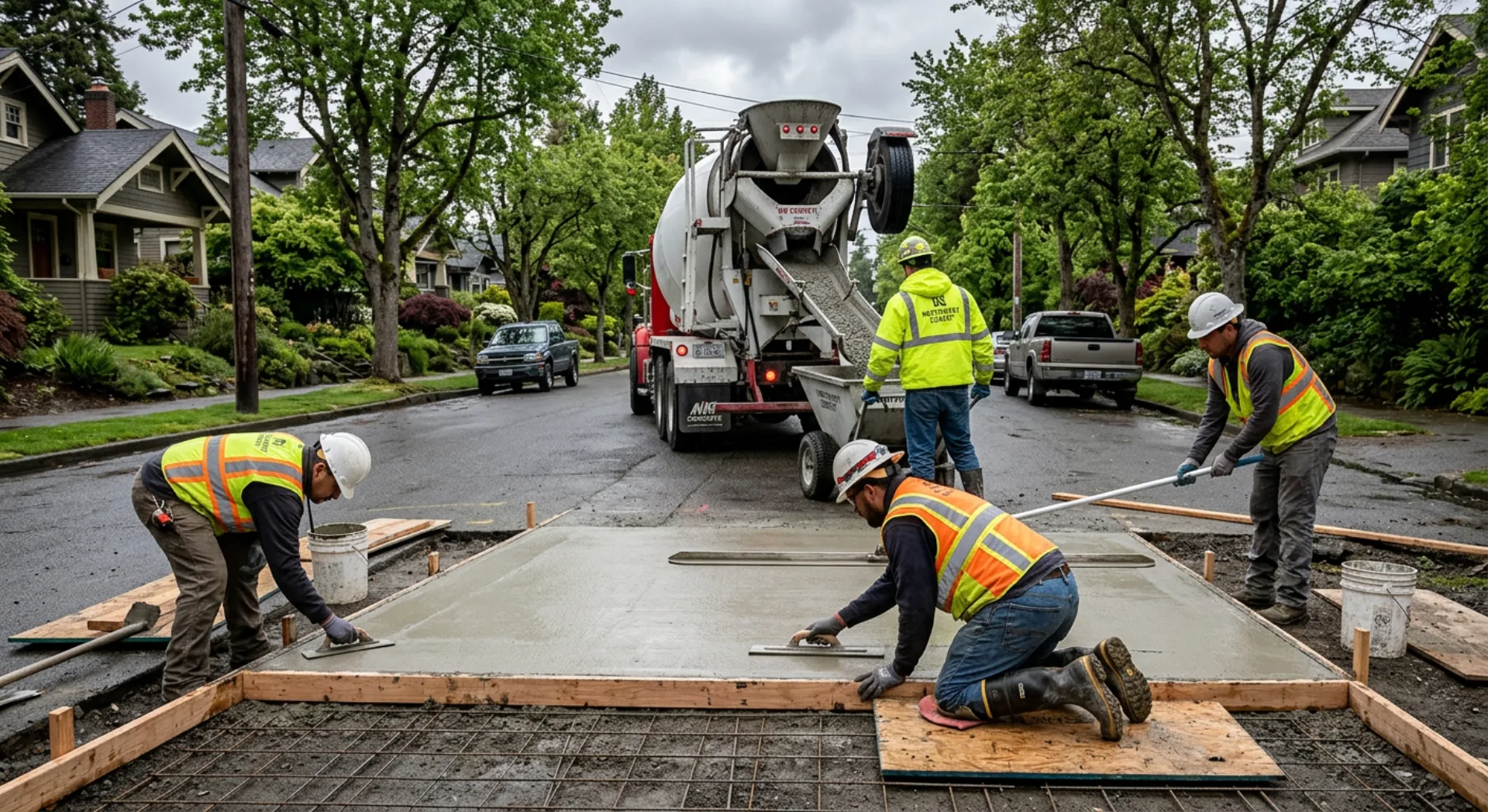 Professional concrete crew pouring and finishing a new sidewalk section with proper tools and equipment