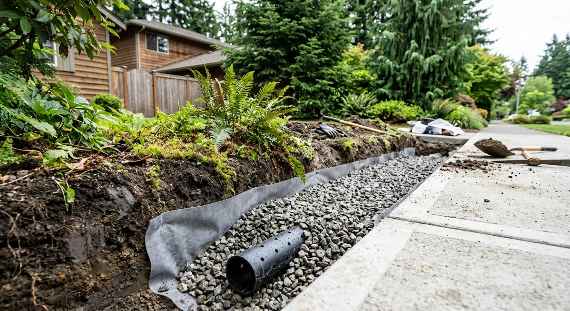 French drain installation with perforated pipe and gravel alongside a concrete walkway