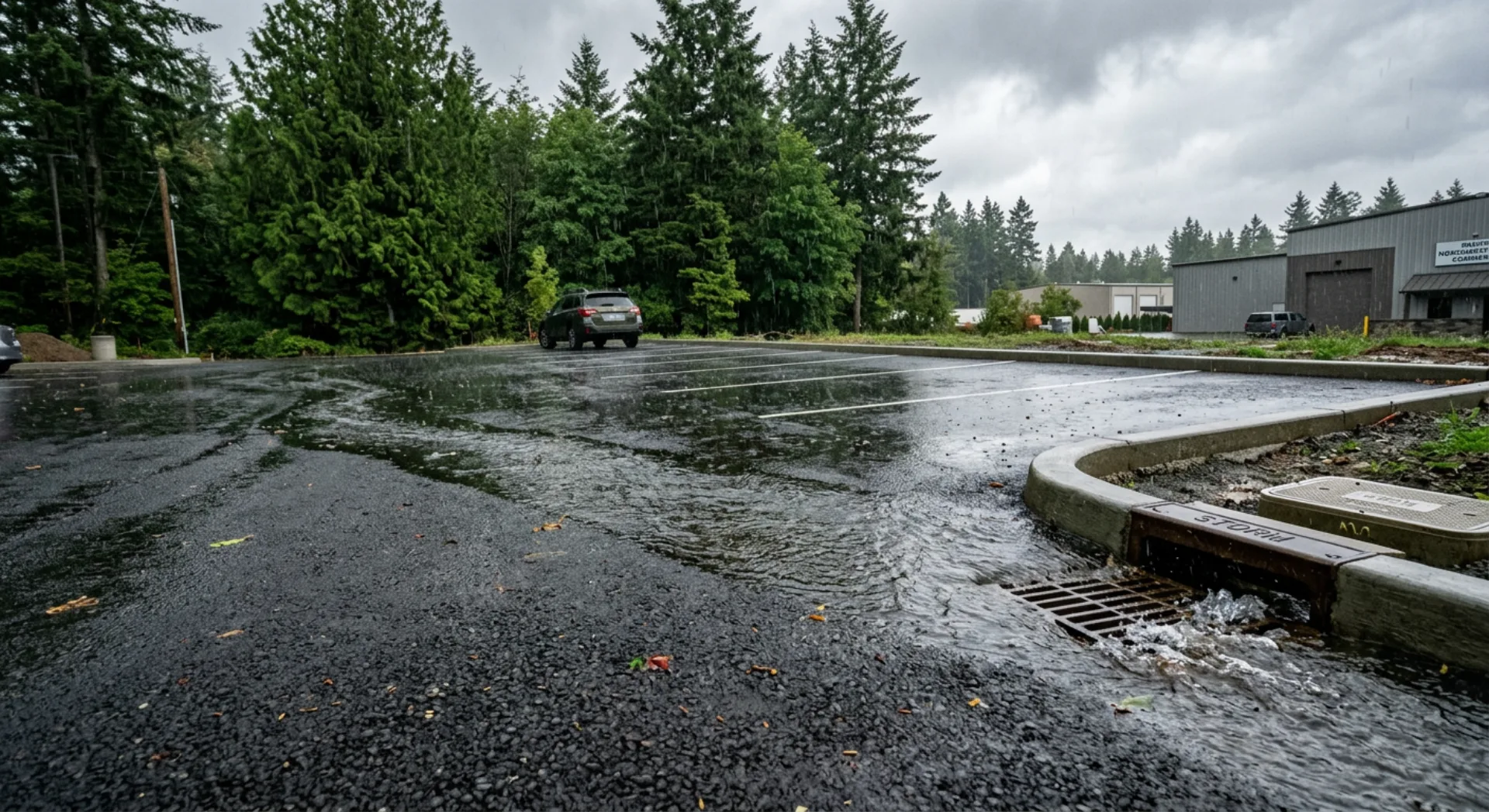 Properly graded asphalt surface directing water runoff away from structures