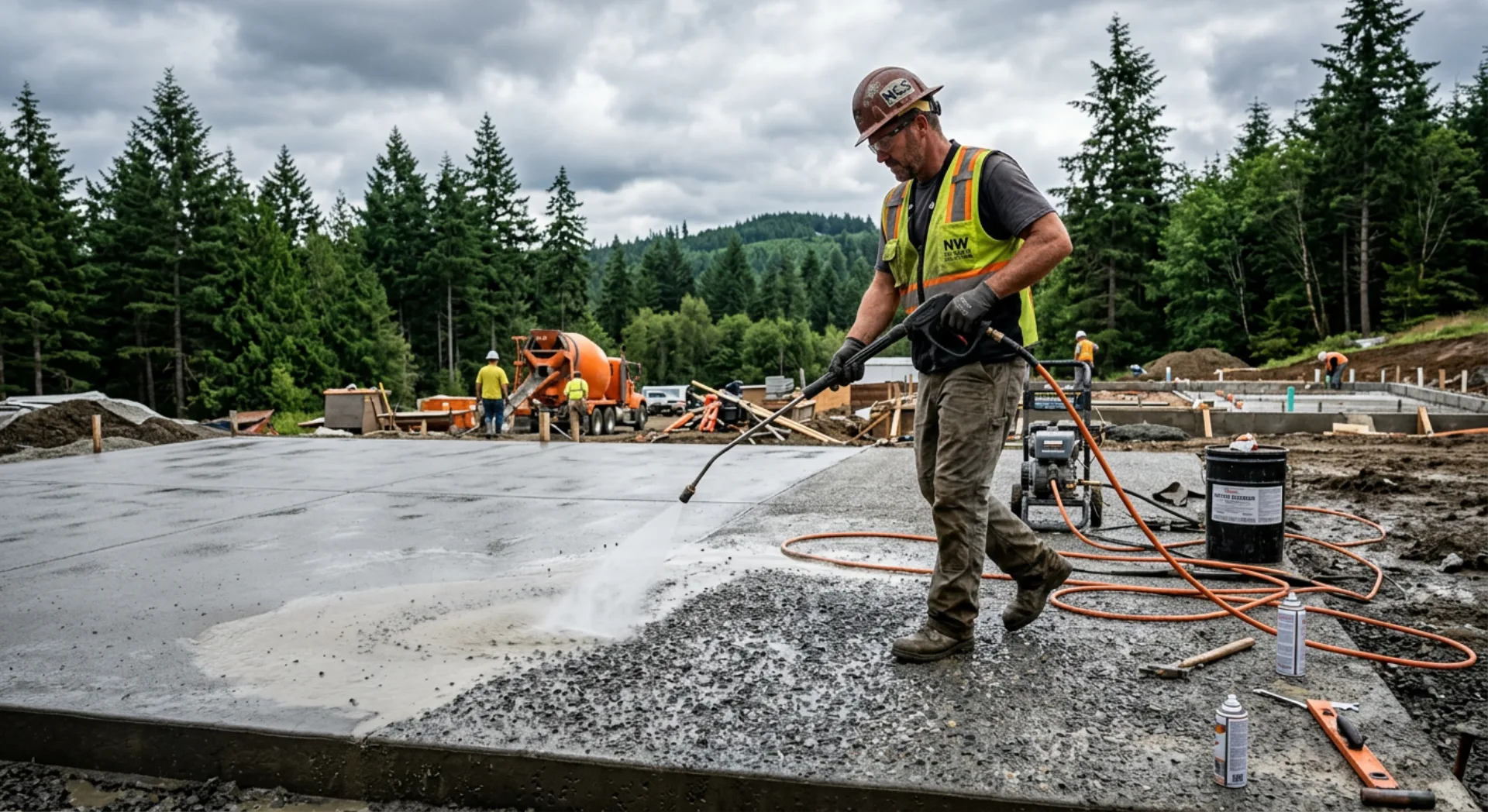 Concrete contractor working on exposed aggregate installation