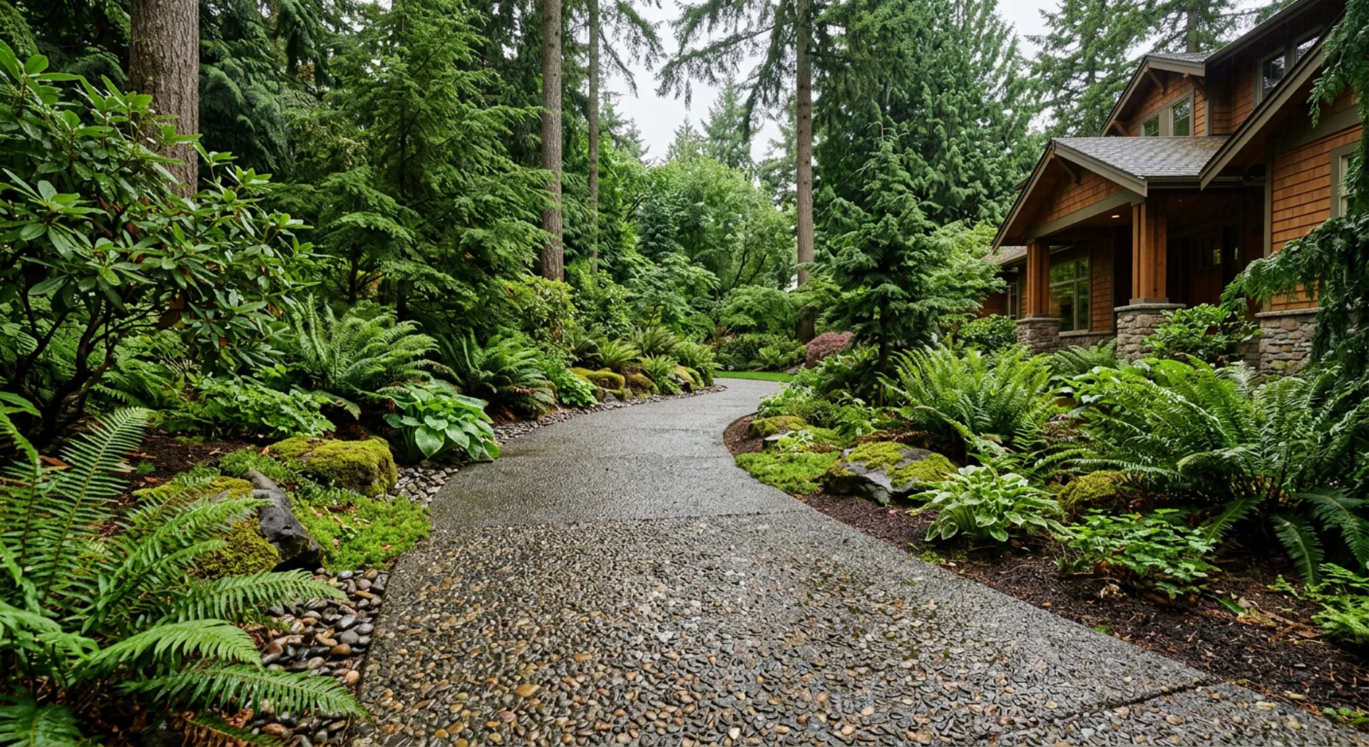 Exposed aggregate walkway through a Pacific Northwest garden