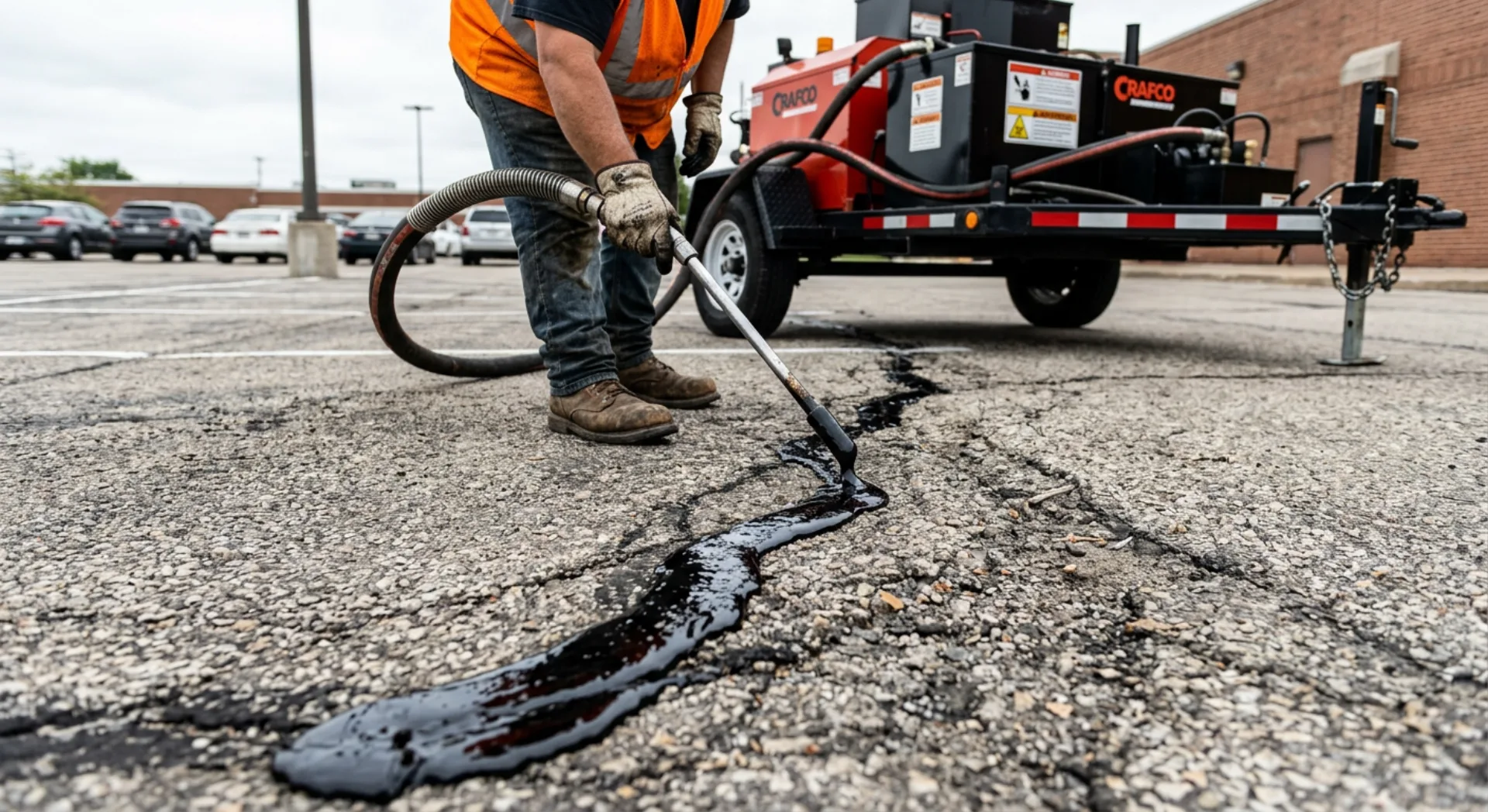 Professional crack sealing on a commercial parking lot surface