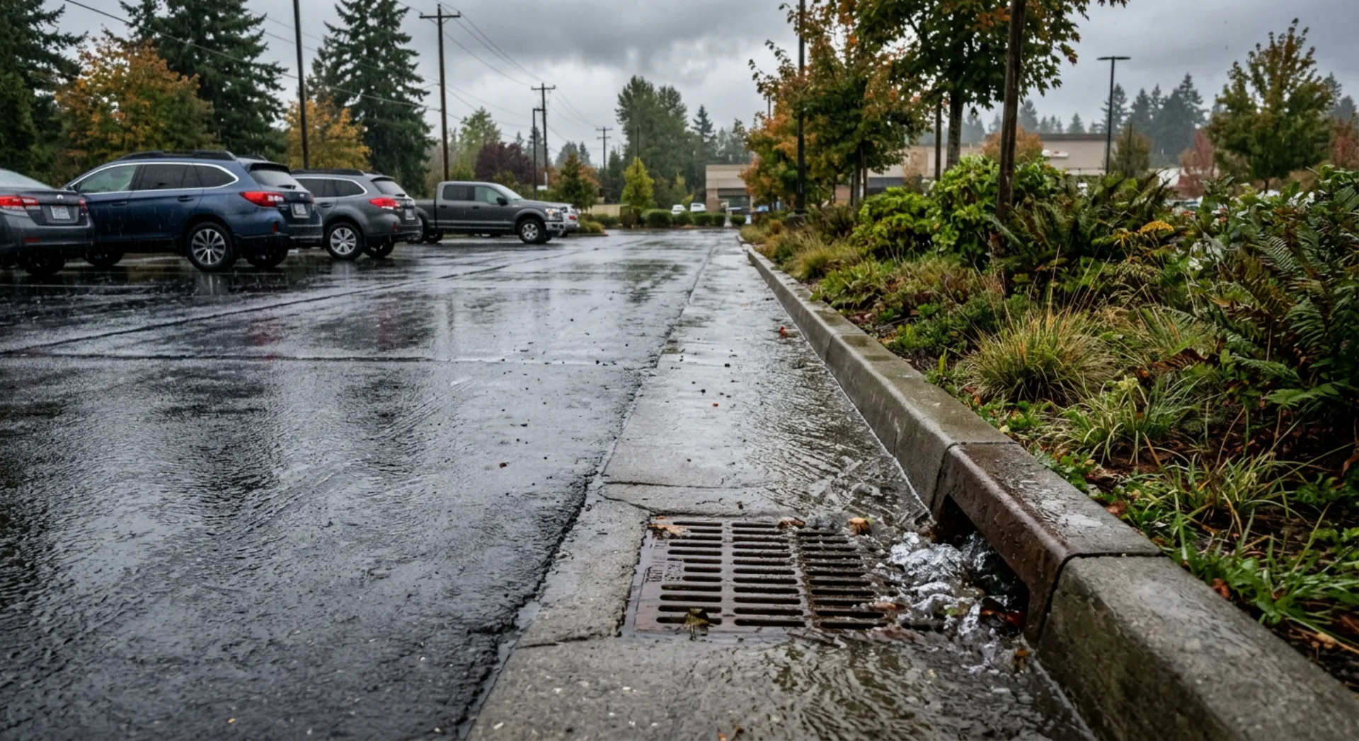 Drainage system along a commercial parking lot with concrete curbing