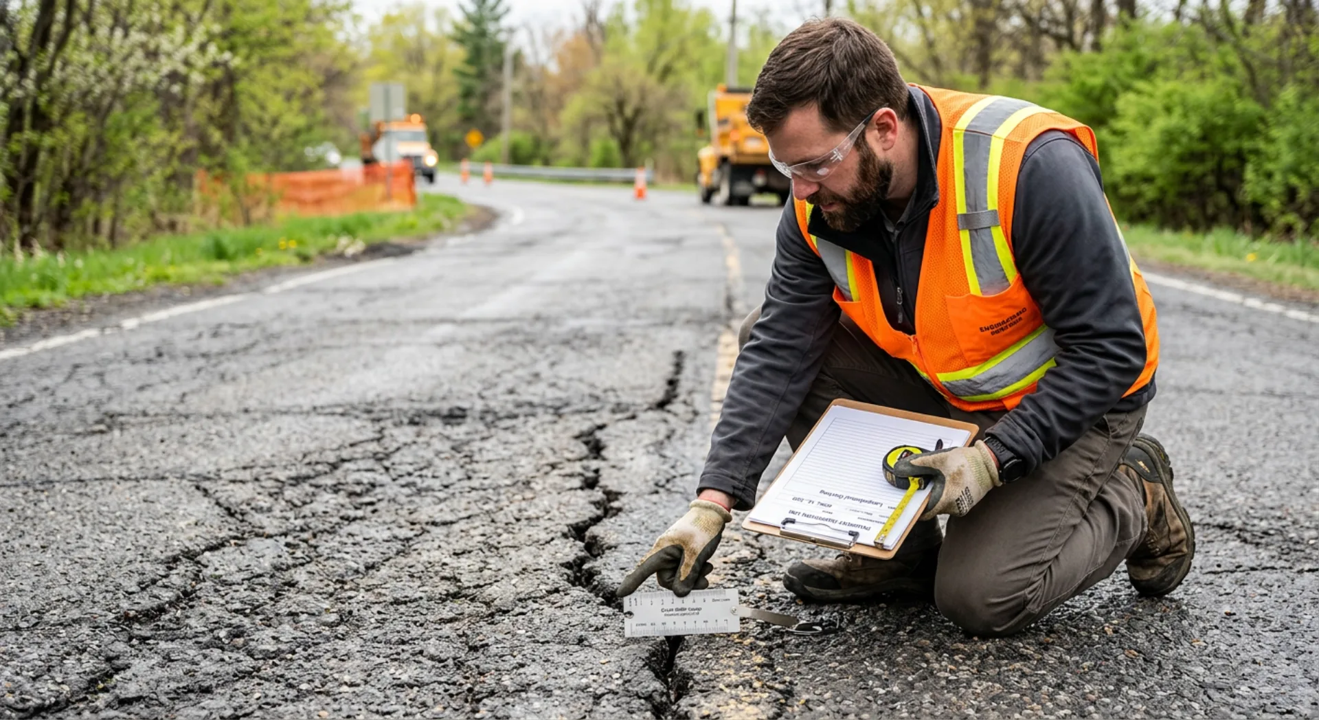Close-up of pavement crack inspection during spring maintenance