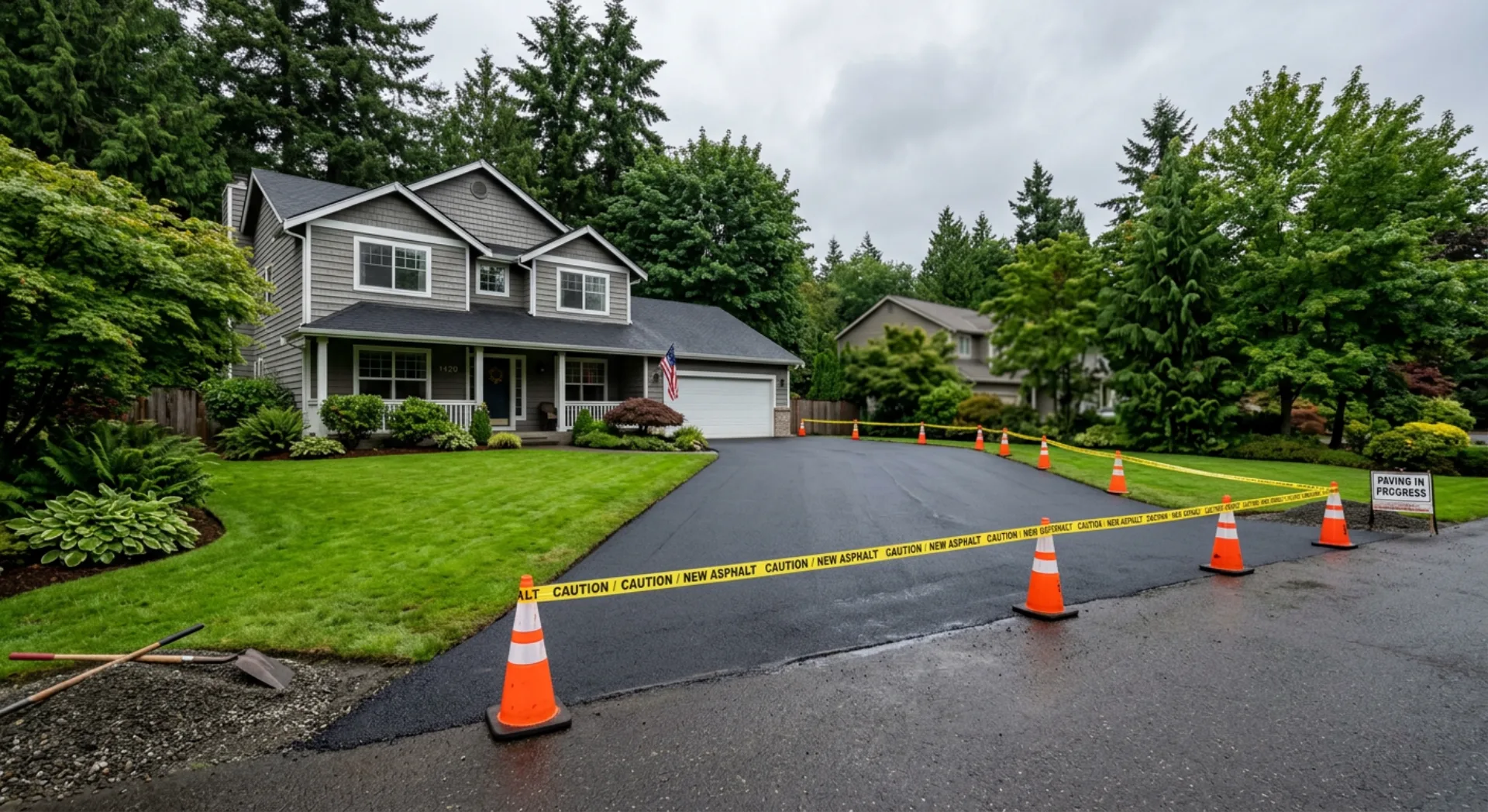 Fresh asphalt driveway curing with barriers in Pacific Northwest setting