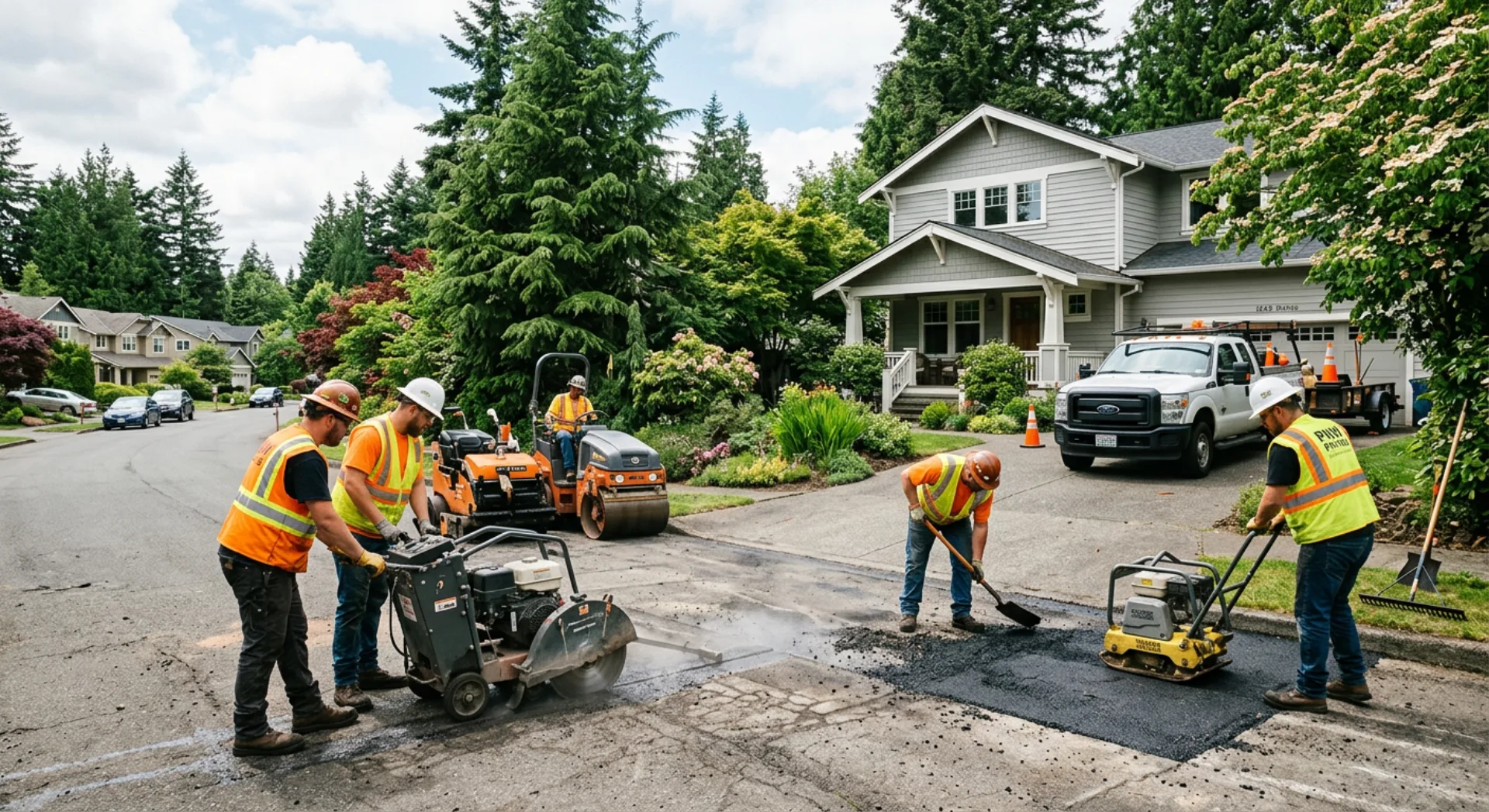 Professional crew performing asphalt repair work on a driveway