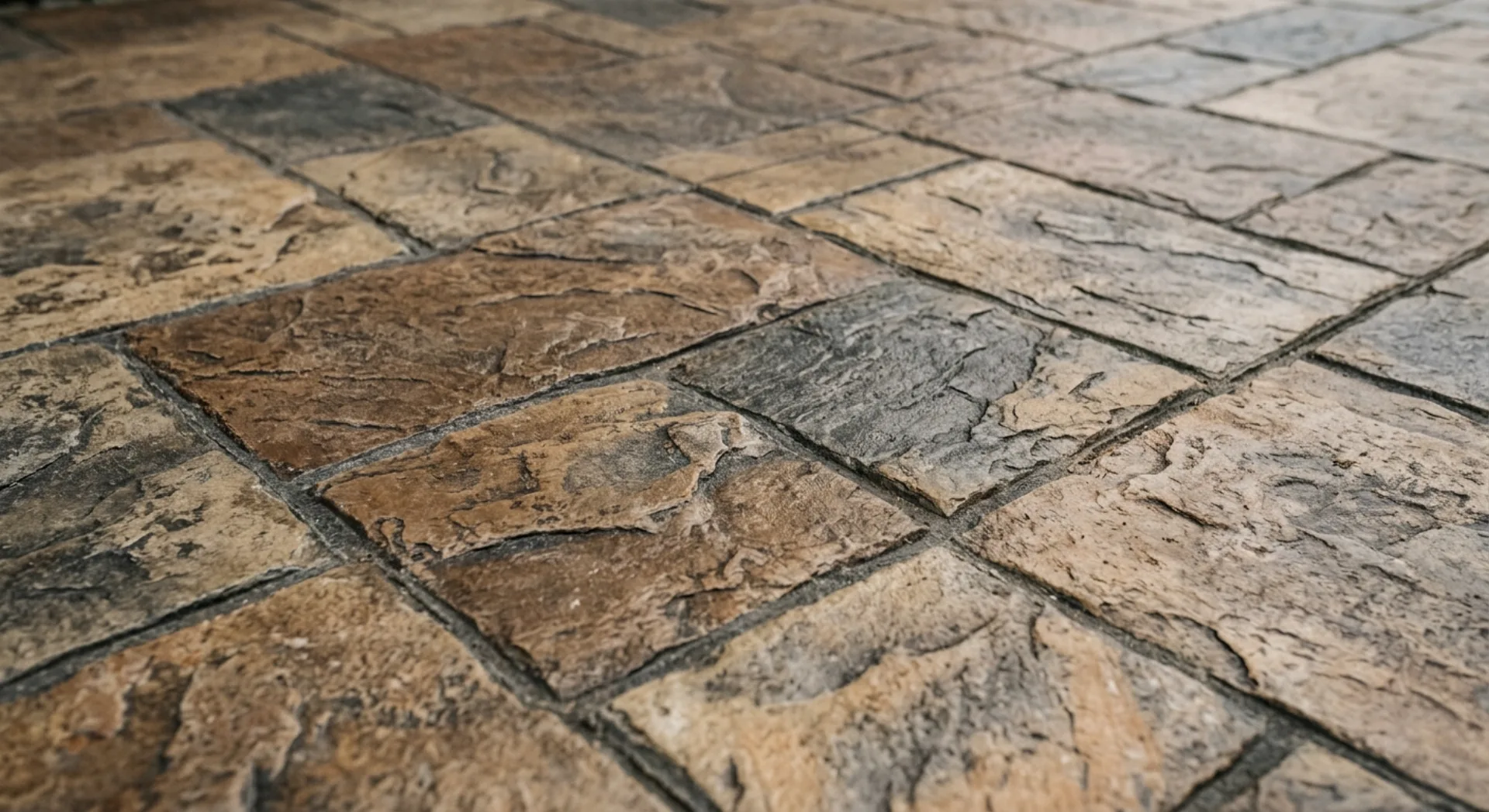Close-up of stamped concrete with a natural stone pattern showing detailed texture and warm earth tones