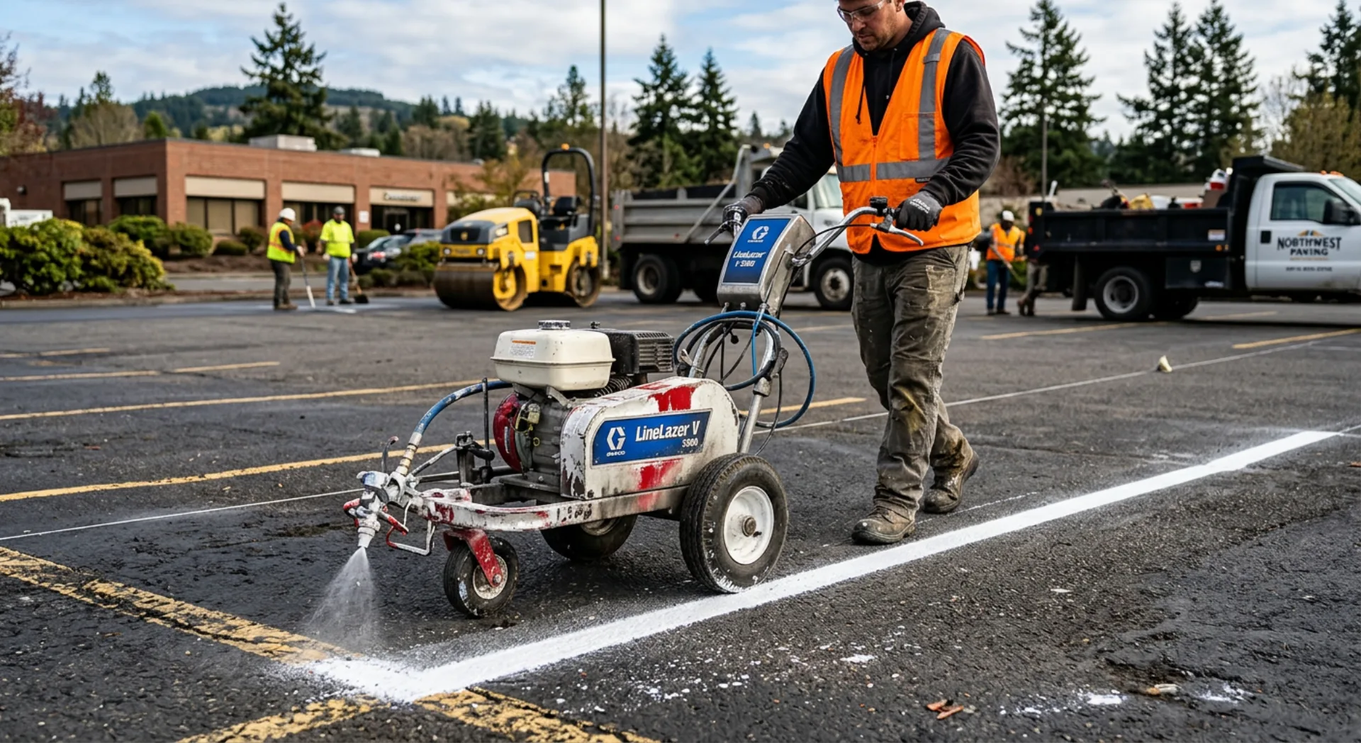 Striping machine applying fresh lines to a parking lot
