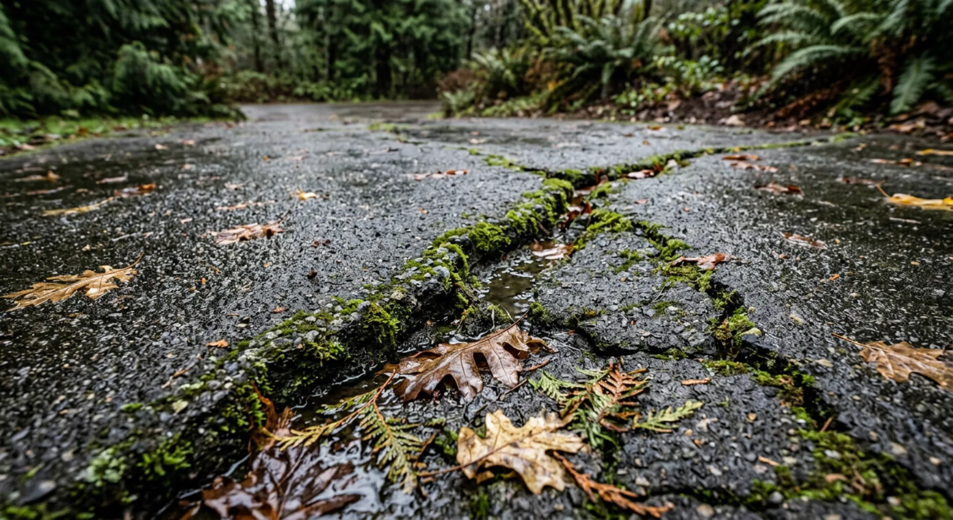Cracked driveway surface showing winter damage in the Pacific Northwest